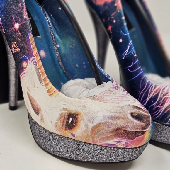 Iron Fist ✦ Unicorn Platform Heels ✦ Graphic Faux Leather Glitter Sole & Round 7 - Picture 7 of 14